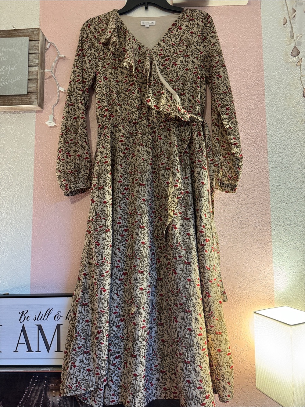 Cream Dress with Red Floral Print